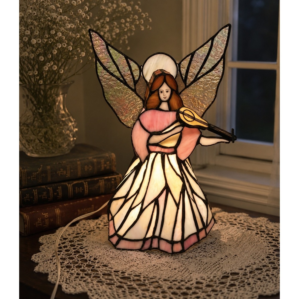 Vintage Tiffany Style Stained Glass Angel Accent Lamp Night Light Iridescent